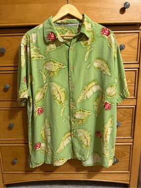 Island Republic Mens Short Sleeve Button Up 100% Silk Floral Shirt Green XXL